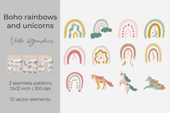 Boho Rainbows and Unicorns Digital Paper